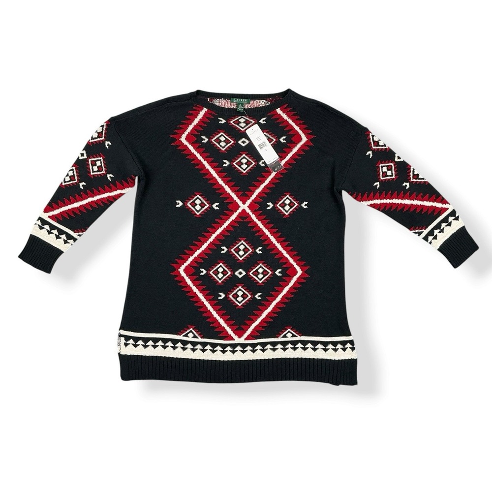 Lauren Ralph Lauren Woman Sweater 1X Black Red Pattern Long Sleeve Tunic NWT